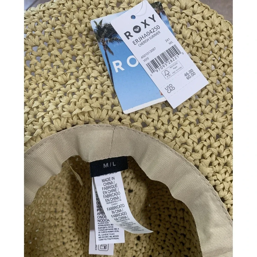 New Roxy Womens M/L Cherish Summer Natural Straw Sun Hat Beads Beach Boho